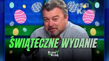 Mężczyzna w siwej koszuli przed niebieskim tłem z wielkanocnymi pisankami i napisem "ŚWIĄTECZNE WYDANIE".