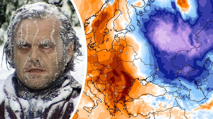 Anomalie temperatury powietrza w Europie w dniu 9 stycznia 2023 roku. Kolory ciepłe oznaczają temperatury powyżej normy, a zimne poniżej normy wieloletniej. Fot. ClimateReanalyzer.org / Warner Bros.