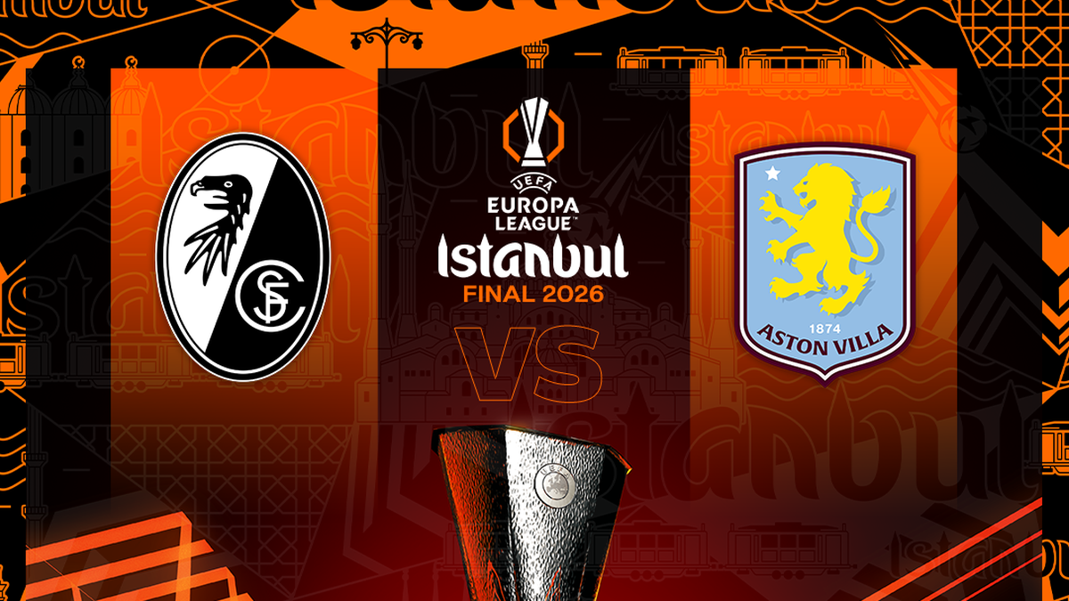 Logo SC Freiburg po lewej stronie, logo Aston Villa po prawej stronie, w centrum trofeum Ligi Europy UEFA i napis "ISTANBUL FINAL 2026". Poniżej widnieje informacja o transmisji "polsat sport premium 1 | 20 maja | studio 19:00 | mecz 20:50".