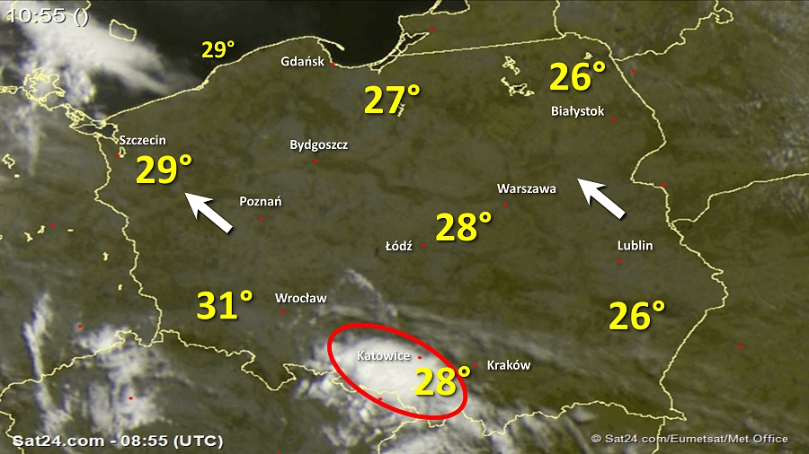 Zdjęcie satelitarne Polski w dniu 8 sierpnia 2018 o godzinie 10:55. Dane: Sat24.com / Eumetsat.