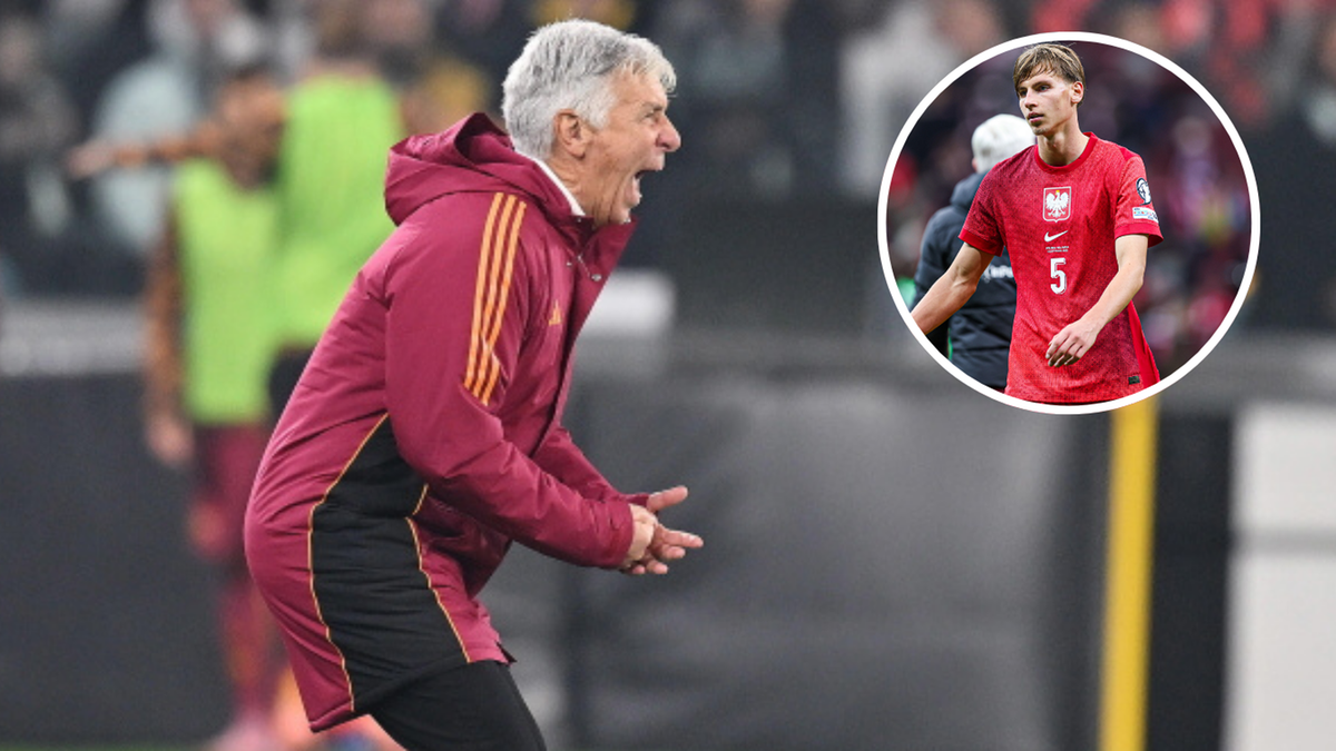 Trener krzyczy w stronę boiska, w tle zdjęcie piłkarza w stroju reprezentacji Polski.