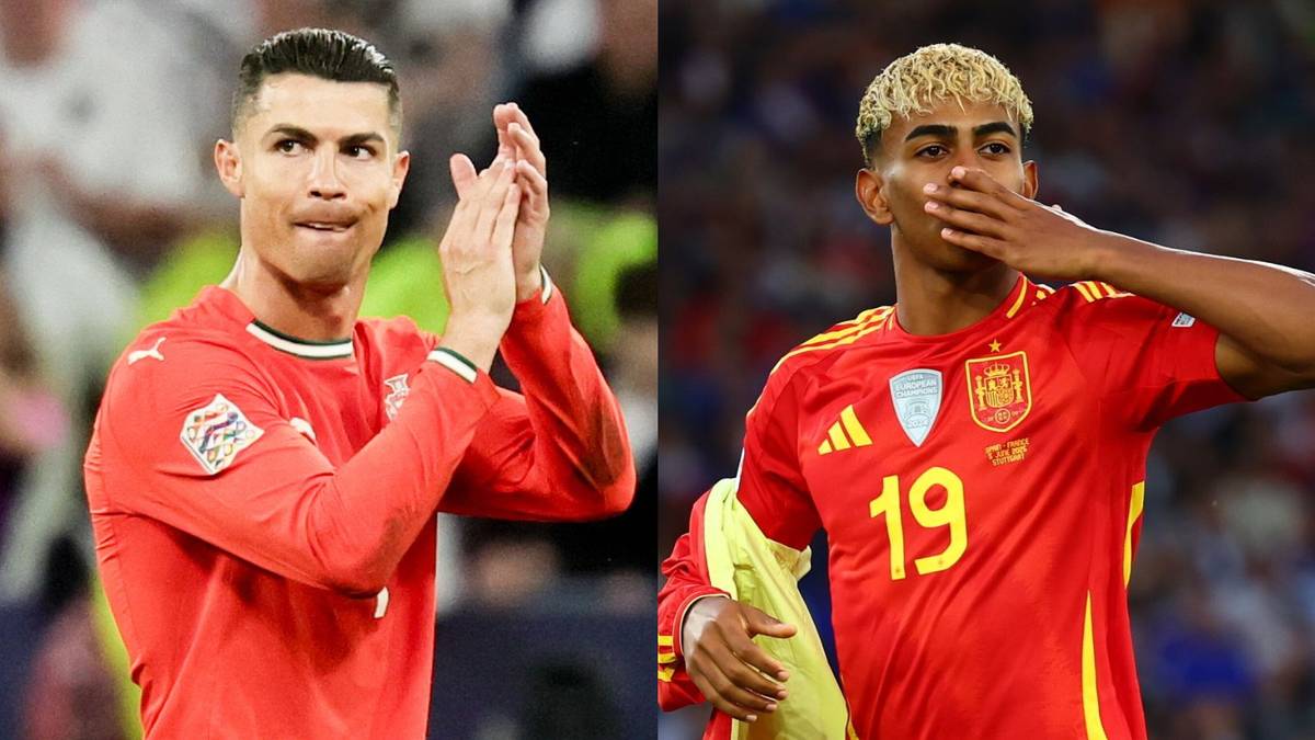 Dwa panele pokazujące piłkarzy reprezentacji Portugalii i Hiszpanii. Po lewej Cristiano Ronaldo klaszcze. Po prawej zawodnik Hiszpanii zasłania usta.