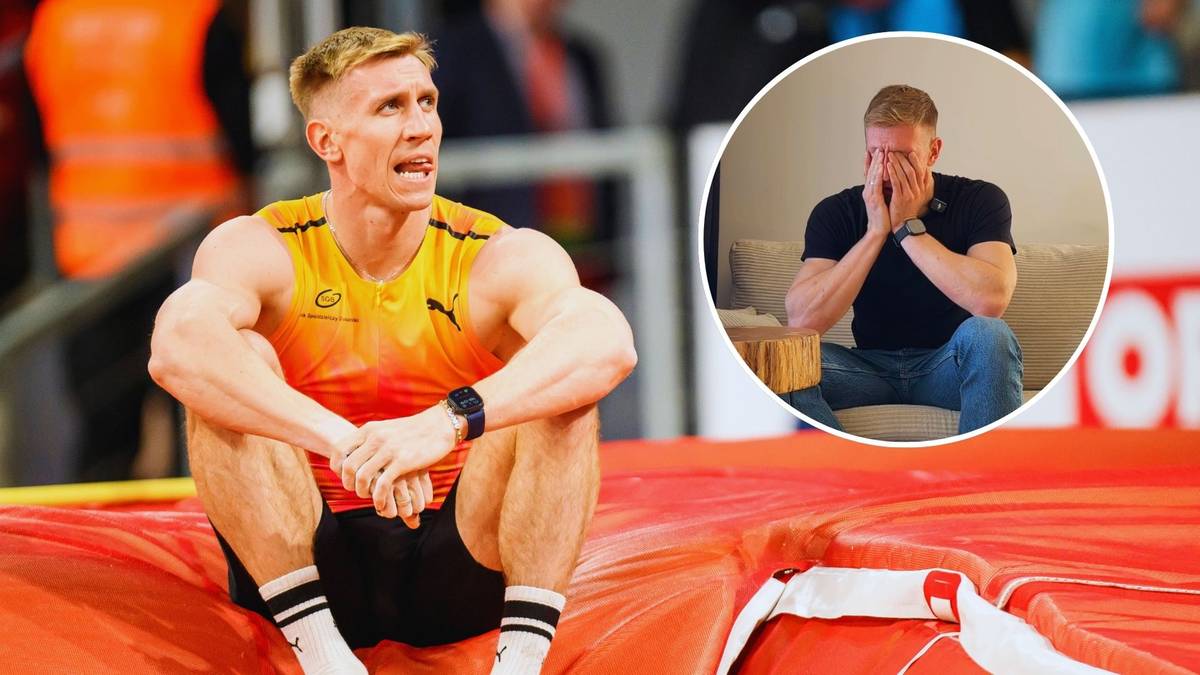 Paweł Lisek siedzi na materacu po skoku, wyrażając zmęczenie lub b&oacute;l. W tle widoczny jest mniejszy obrazek tego samego sportowca w geście rozpaczy.