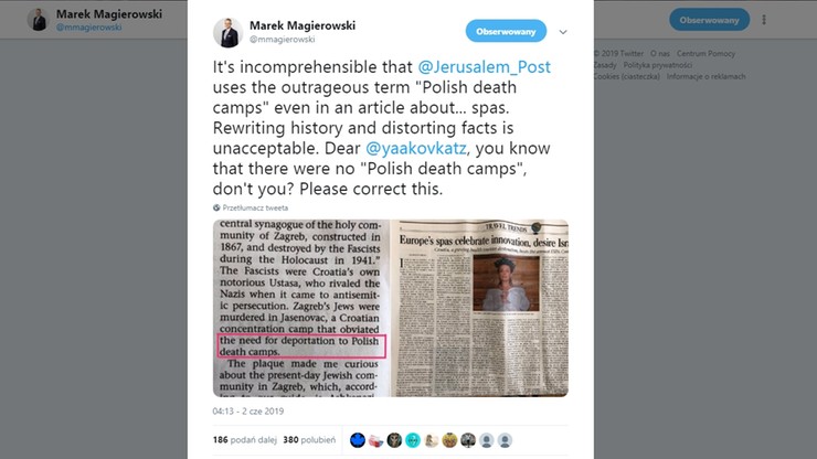 "Polskie obozy śmierci" w "Jerusalem Post". Interweniował ambasador RP