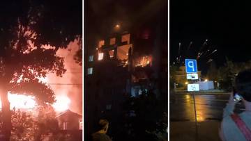 Kolaż trzech nocnych zdjęć przedstawiających pożar budynku i fajerwerki na niebie.