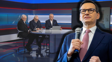 Trzech mężczyzn siedzących przy stole w studiu telewizyjnym oraz zbliżenie na twarz Mateusza Morawieckiego trzymającego mikrofon.