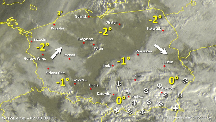 Zdjęcie satelitarne Polski w dniu 3 grudnia 2019 o godzinie 8:30. Dane: Sat24.com / Eumetsat.