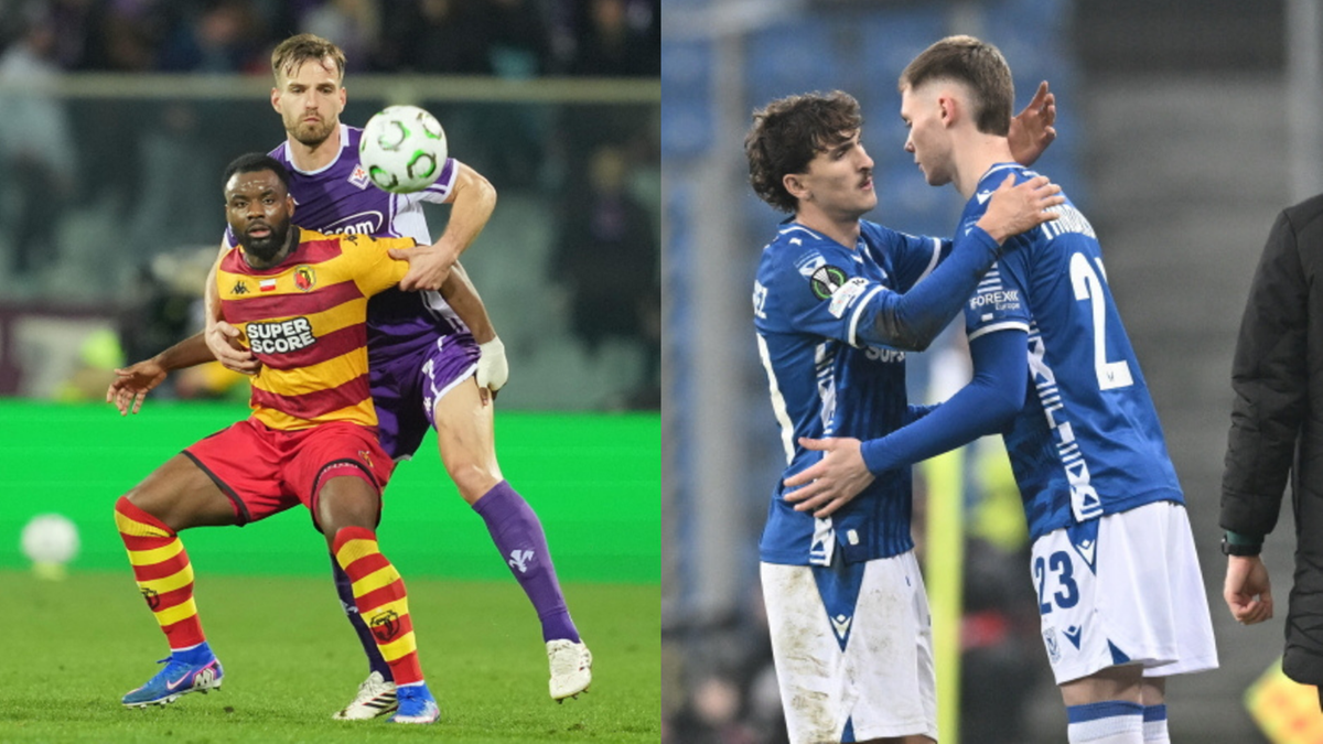 Dwóch piłkarzy rywalizuje o piłkę na boisku, a w drugim ujęciu dwaj piłkarze w niebieskich strojach przytulają się.