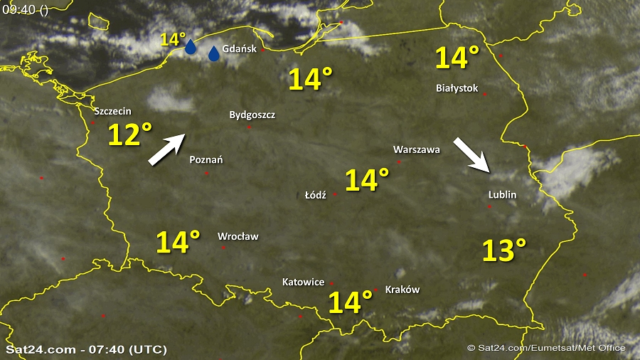 Zdjęcie satelitarne Polski w dniu 16 września 2018 o godzinie 9:40. Dane: Sat24.com / Eumetsat.