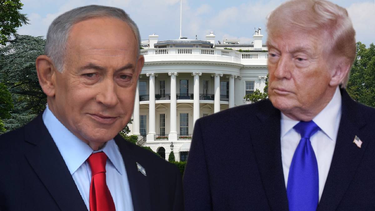 Donald Trump i Binjamin Netanjahu na tle Białego Domu.