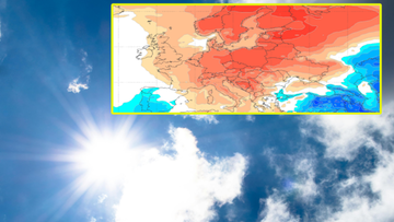 Mapa anomalii temperatur w Europie, pokazująca cieplejsze niż zwykle warunki w Polsce, na tle słonecznego, błękitnego nieba z chmurami.