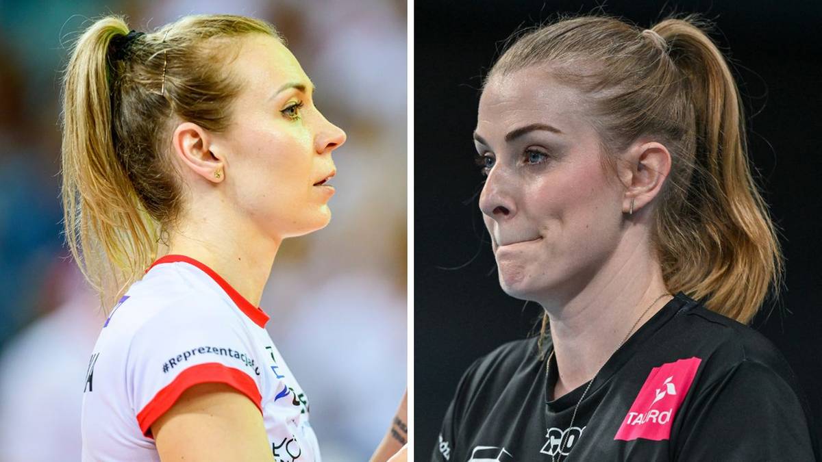 Dwie siatkarki w zbliżeniu, obie z kucykami, patrzą w różne strony.