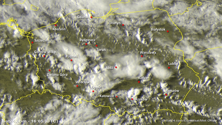 Zdjęcie satelitarne Polski w dniu 19 maja 2019 o godzinie 18:05. Dane: Sat24.com / Eumetsat.