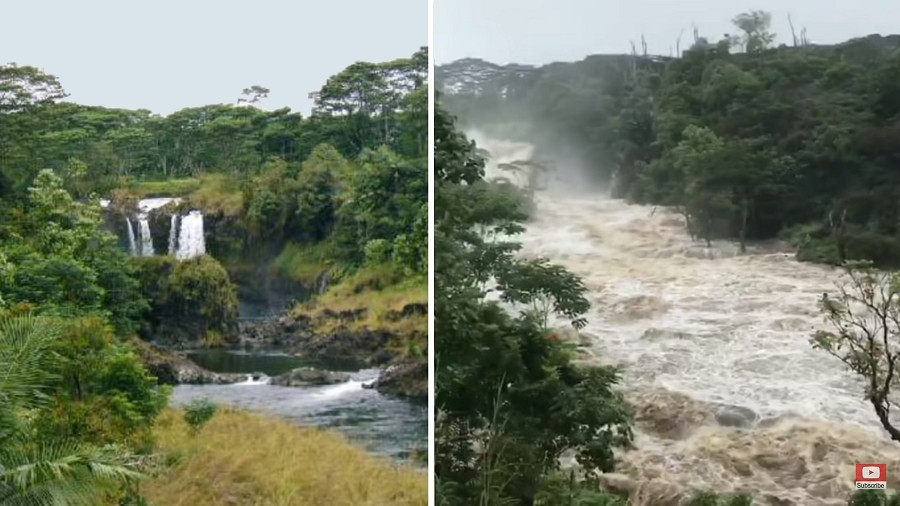 Porównanie hawajskiego wodospadu przed (po lewej) i podczas (po prawej) Huraganu Lane. Fot. YouTube.