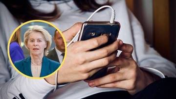 Ursula von der Leyen w okręgu, obok dłonie trzymające smartfon.