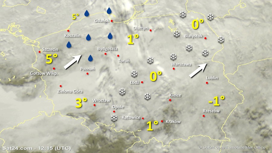 Zdjęcie satelitarne Polski w dniu 6 stycznia 2020 o godzinie 13:15. Dane: Sat24.com / Eumetsat.