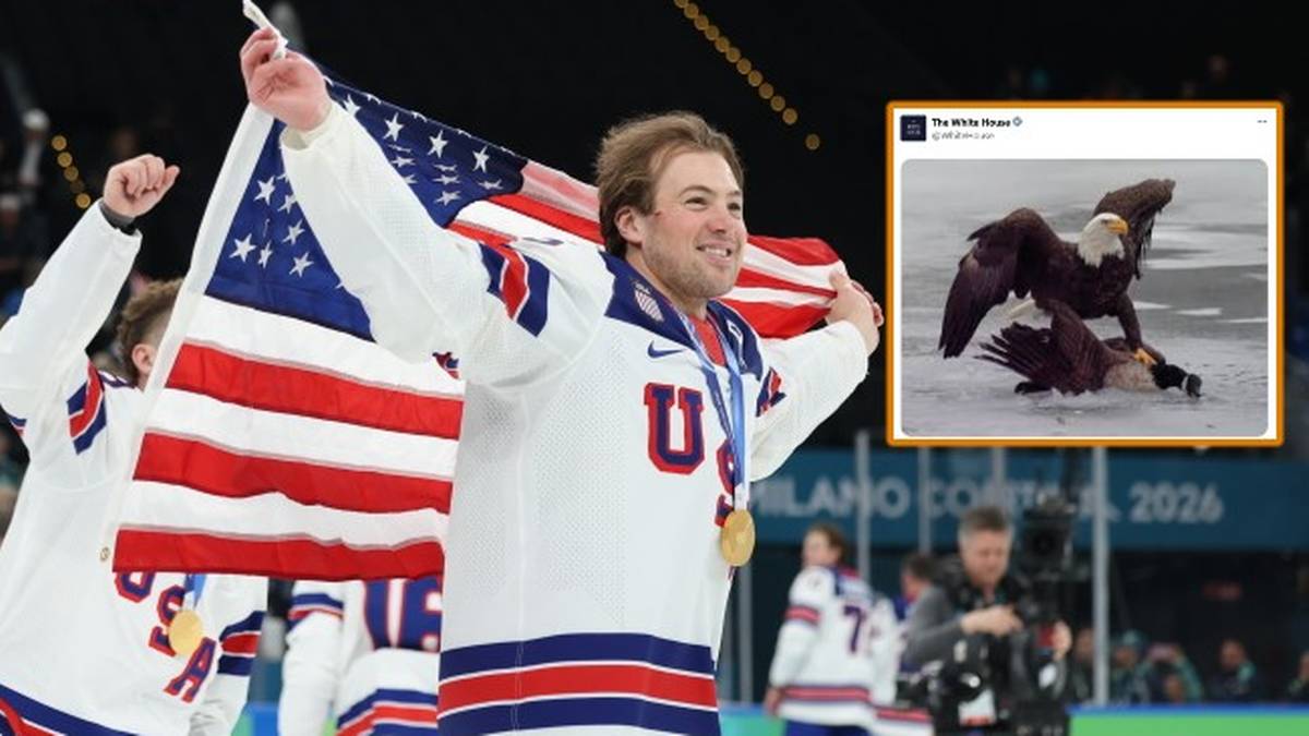 Amerykański hokeista świętuje zwycięstwo na igrzyskach olimpijskich z amerykańską flagą.