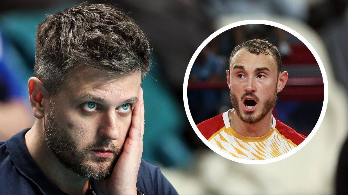 Siatkarz zamyślony opiera się ręką o twarz, obok jego portret w okręgu.