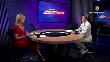 Dwie kobiety siedzą przy okrągłym stole w studio telewizyjnym. Na ekranie za nimi widnieje napis "Magazyn Polskiego Sportu".