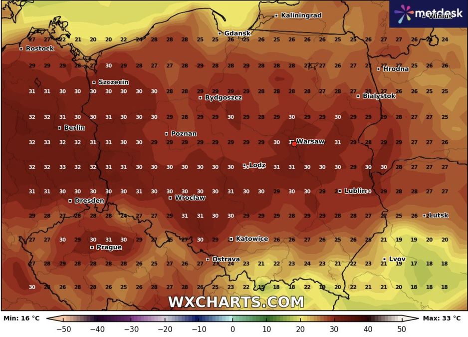 Prognoza ppogody na niedzielę. Fot. WXCHARTS