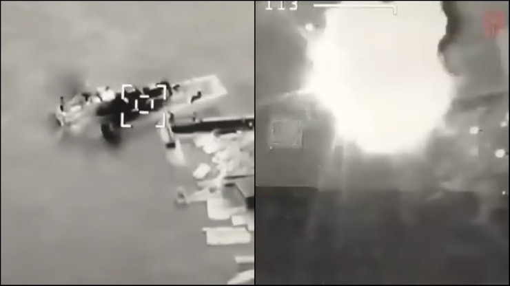 Wojna w Ukrainie. Wyspa Węży. Rosyjski kuter desantowy zatopiony. Nagranie z uderzenia