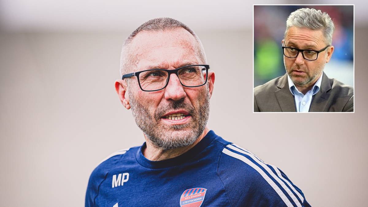 Marek Papszun, trener piłkarski, w okularach i niebieskiej bluzie, w tle zdjęcie Jerzego Brzęczka.