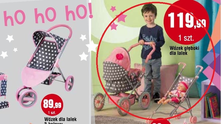 Chłopiec z wózkiem dla lalek w gazetce reklamującej market. Internauci komentują