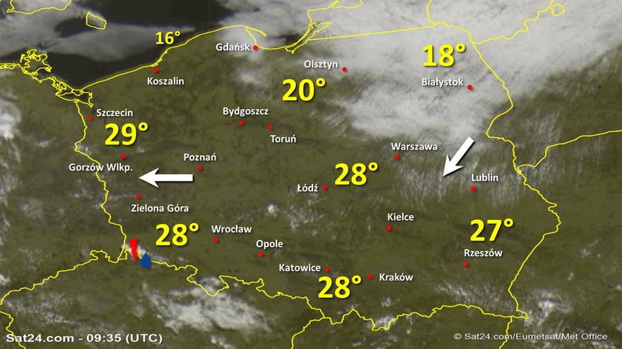 Zdjęcie satelitarne Polski w dniu 13 czerwca 2020 o godzinie 11:35. Dane: Sat24.com / Eumetsat.
