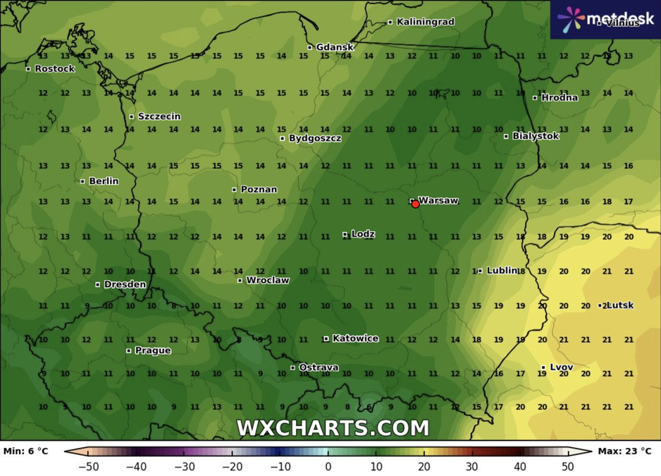 W czwartek spodziewamy się tylko 10-11 stopni w centrum i na północnym wchodzie! Fot. WXCHARTS