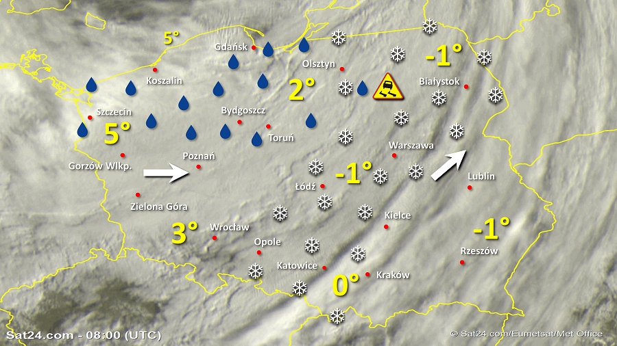 Zdjęcie satelitarne Polski w dniu 13 lutego 2019 o godzinie 9:00. Dane: Sat24.com / Eumetsat.