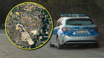 Zdjęcie przedstawia policyjny radiow&oacute;z stojący na drodze oraz fragment mapy satelitarnej z zaznaczonym terenem.