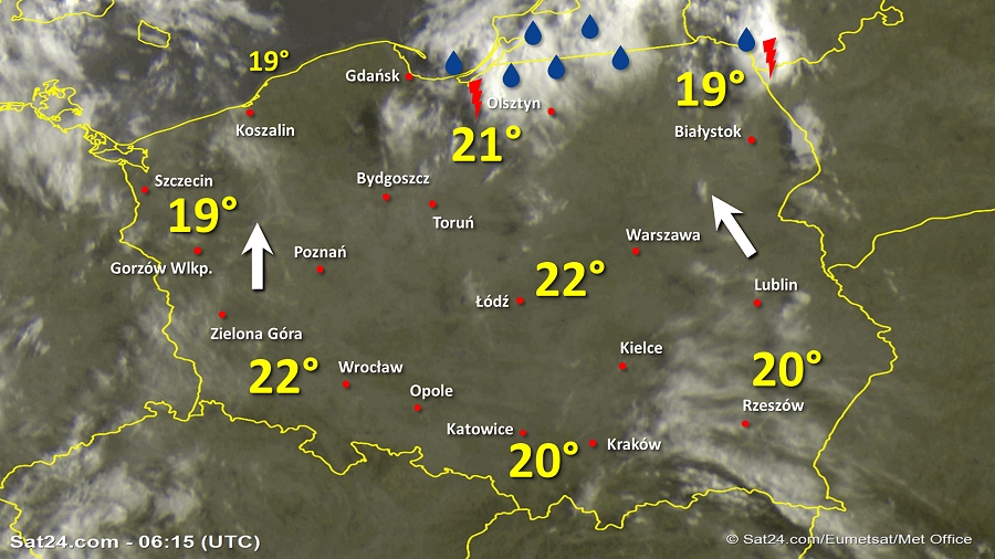 Zdjęcie satelitarne Polski w dniu 29 sierpnia 2019 o godzinie 8:15. Dane: Sat24.com / Eumetsat.