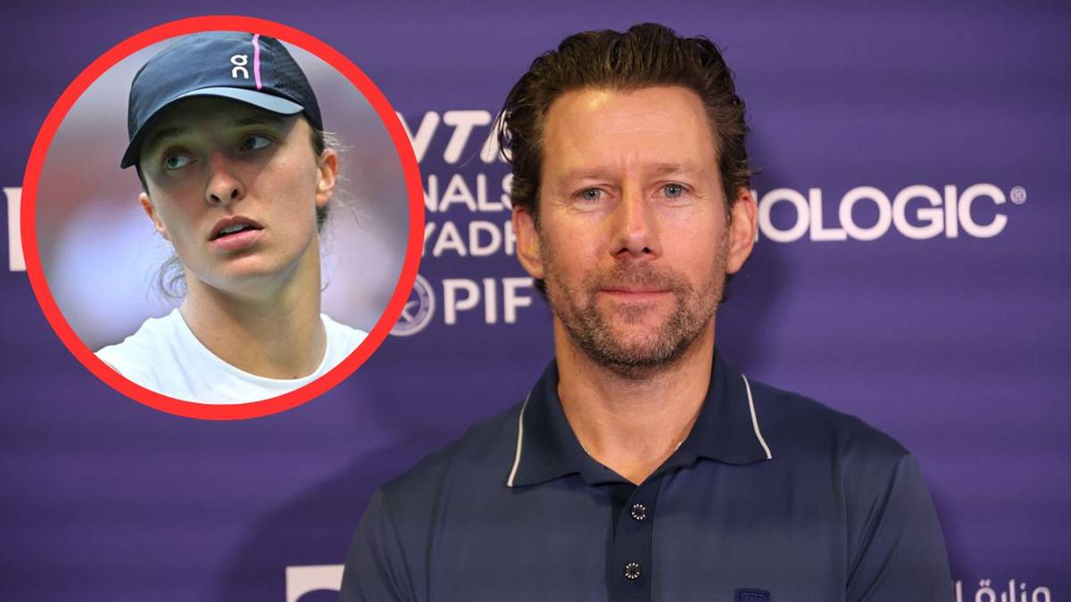 Portret Igi Świątek w okręgu obok portretu jej trenera.