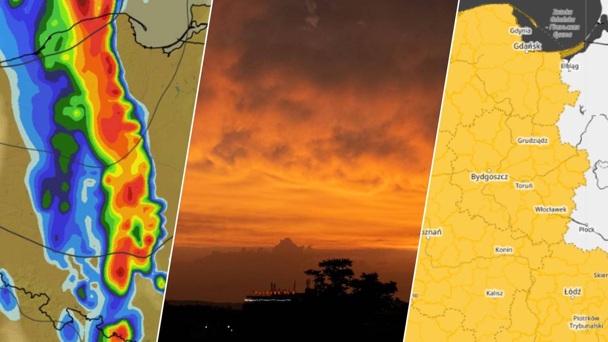 Kolista kompozycja złożona z radaru opad&oacute;w, zdjęcia groźnego nieba o zachodzie słońca oraz mapy Polski z ż&oacute;łtymi ostrzeżeniami meteorologicznymi.