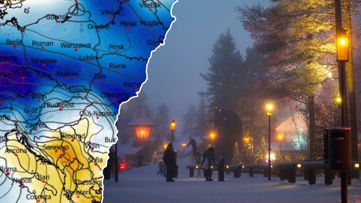 Fragment mapy synoptycznej przedstawiającej niż baryczny nad Europą, połączony z zimowym krajobrazem oświetlonej uliczki z drzewami i ludźmi w oddali.