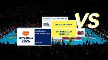 Plakat informacyjny o meczu siatk&oacute;wki mężczyzn: Rana Verona kontra Sir Susa Scai Perugia, z logo Coppa Italia 2026.
