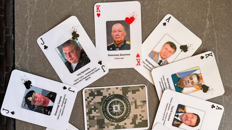 Wojna w Ukrainie. Karty do gry z rosyjskimi zbrodniarzami wojennymi.