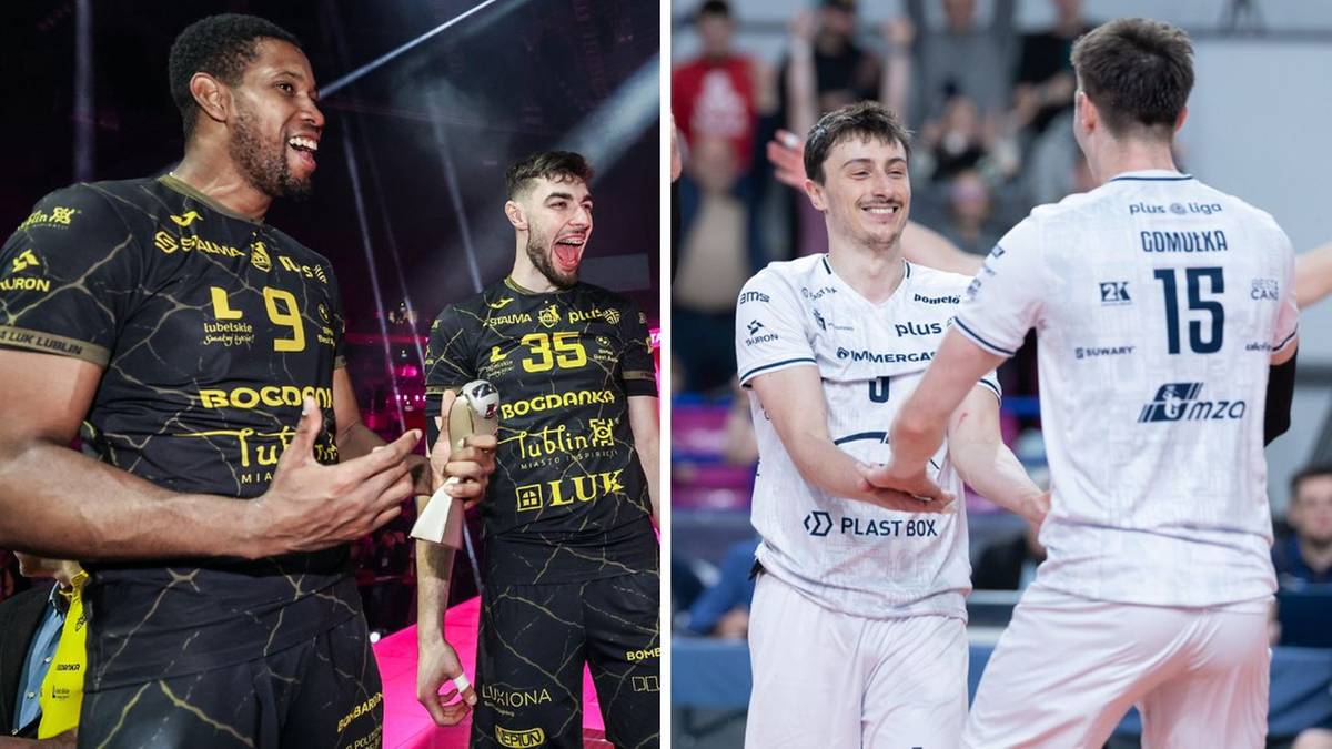 Siatkarze Bogdanki LUK Lublin świętujący zwycięstwo oraz zawodnicy PGE Projekt Warszawa gratulujący sobie nawzajem.