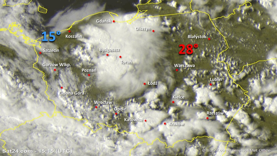 Zdjęcie satelitarne Polski w dniu 18 czerwca 2020 o godzinie 17:15. Dane: Sat24.com / Eumetsat.