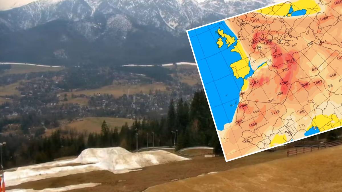 Widok na góry z widocznym zmętnieniem nieba, nałożony na mapę przedstawiającą transport pyłu znad Sahary.