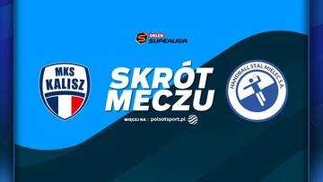 Logo MKS Kalisz i logo Handball Stal Mielec, oraz napis "SKR&Oacute;T MECZU" na niebieskim tle.