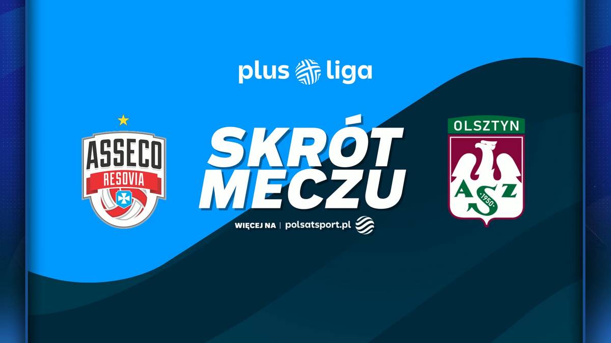Logo Asseco Resovia Rzeszów obok napisu "SKRÓT MECZU" i logo Indykpol AZS Olsztyn, pod logotypem Plus Ligi.