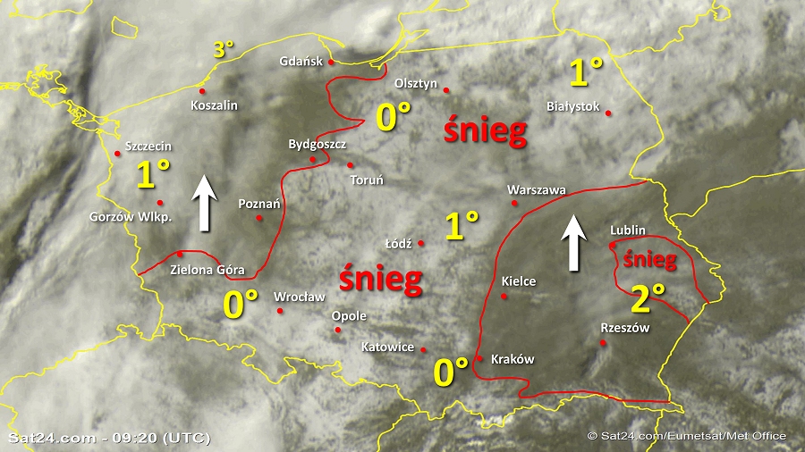 Zdjęcie satelitarne Polski w dniu 7 lutego 2019 o godzinie 10:20. Dane: Sat24.com / Eumetsat.