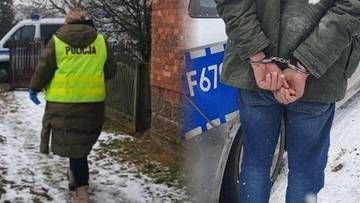 Policjantka w kamizelce odblaskowej i mężczyzna w kajdankach przy radiowozie.