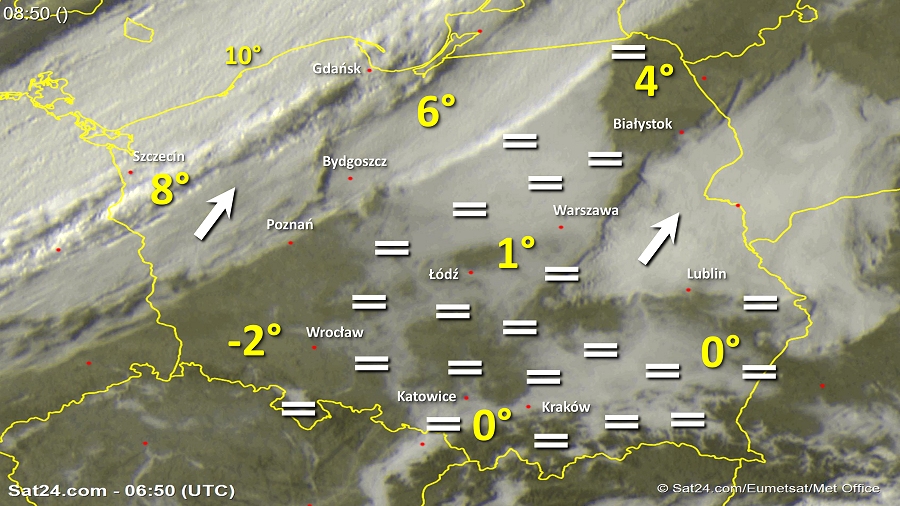 Zdjęcie satelitarne Polski w dniu 22 października 2018 o godzinie 8:50. Dane: Sat24.com / Eumetsat.