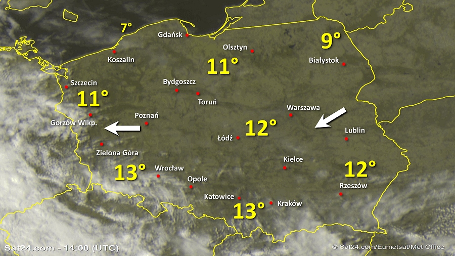 Zdjęcie satelitarne Polski w dniu 14 kwietnia 2019 o godzinie 16:00. Dane: Sat24.com / Eumetsat.