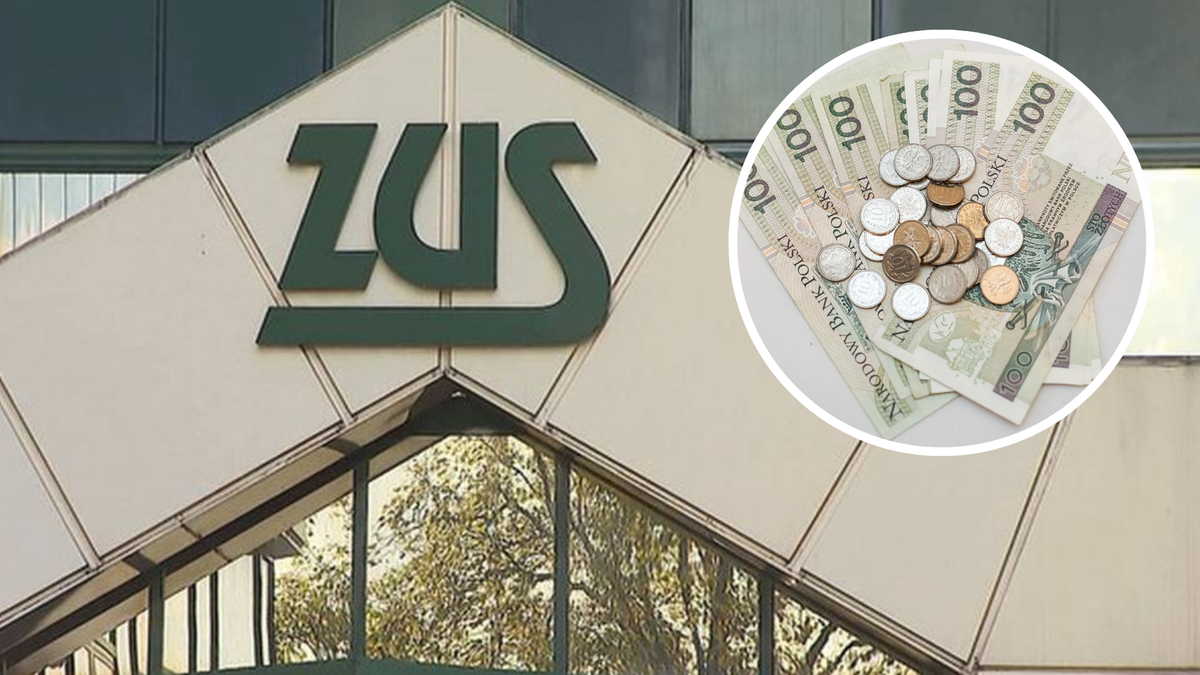 Logo Zakładu Ubezpieczeń Społecznych (ZUS) na budynku oraz zbliżenie na stos banknot&oacute;w i monet.