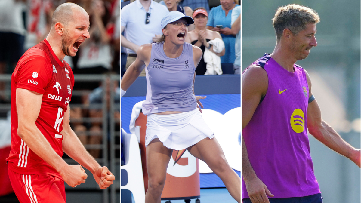 Trzy polskie gwiazdy sportu w kadrze: siatkarz w biało-czerwonej koszulce z wykrzykiem, tenisistka w fioletowej koszulce i białej spódniczce z okrzykiem radości, oraz piłkarz Robert Lewandowski w fioletowej koszulce treningowej.