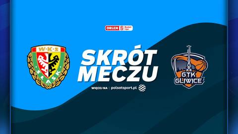 Grafika zapowiadająca skr&oacute;t meczu koszyk&oacute;wki pomiędzy Śląskiem Wrocław a Tauron GTK Gliwice. Po lewej stronie logo Śląska Wrocław, po prawej logo Tauron GTK Gliwice. Pośrodku napis "SKR&Oacute;T MECZU".