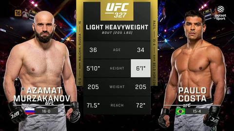 Azamat Murzakanov i Paulo Costa stoją obok siebie, prezentując swoje statystyki przed walką UFC 327 na ekranie.